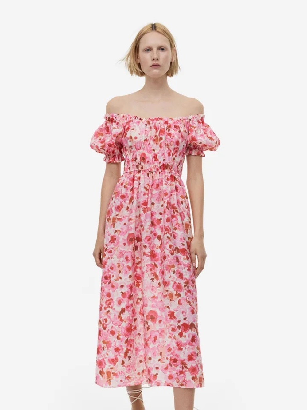 Pink Floral Off-Shoulder Midi Dress with Puff Sleeves